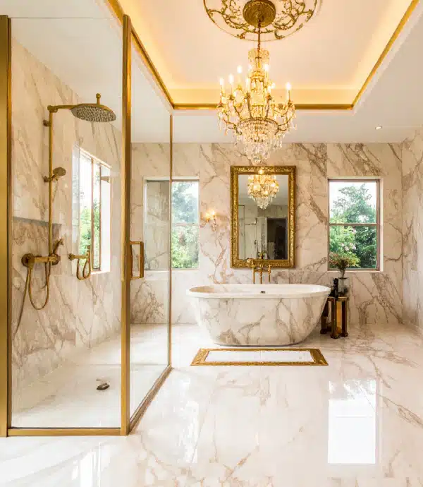 Luxurious marble bathroom with a freestanding tub, large mirror, gold fixtures, glass shower, chandelier, and two windows showing green trees outside. The room features elegant lighting and ornate decor.