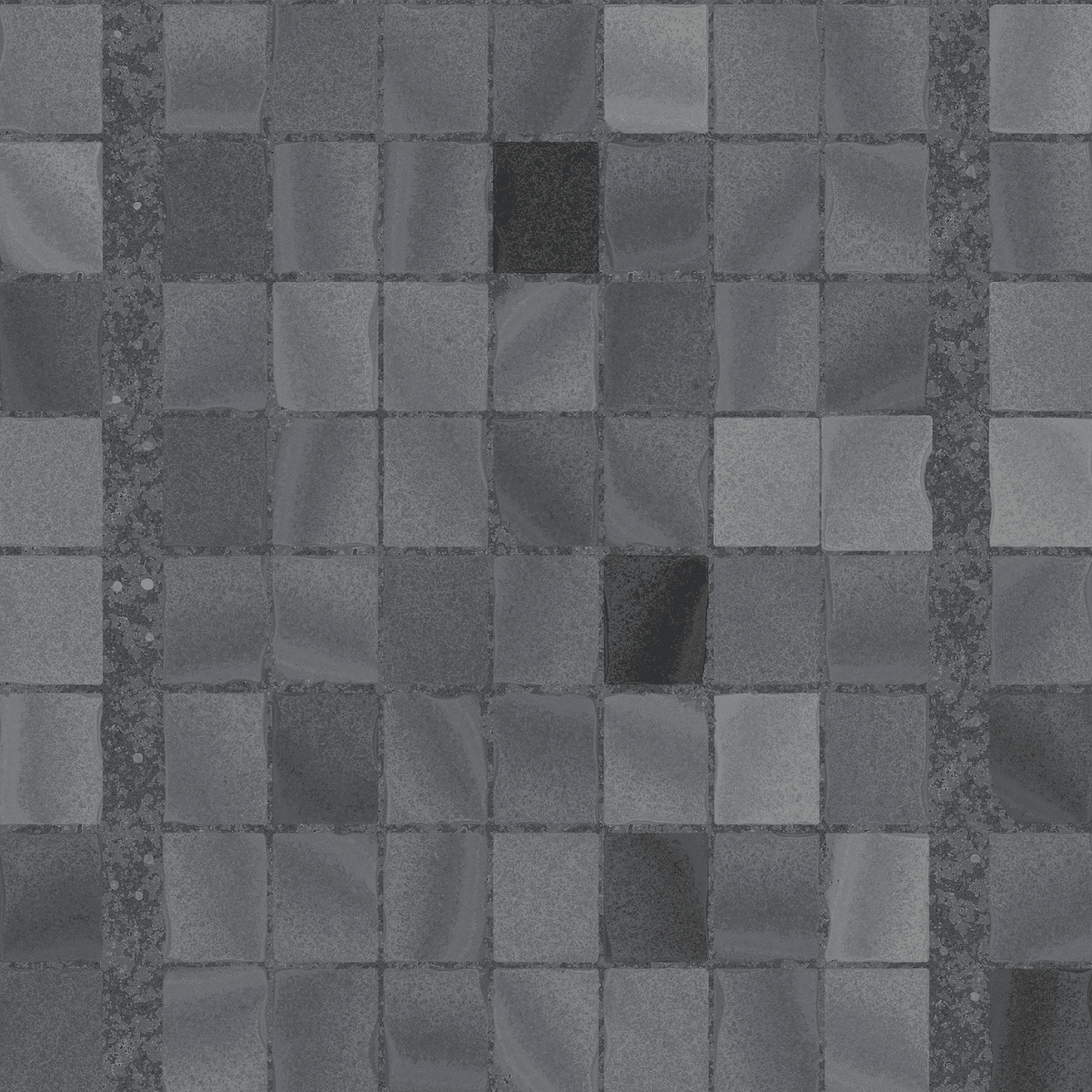 A close-up of a tiled surface with small square tiles in various shades of gray and blue, arranged in a grid pattern. Some tiles are darker, creating subtle contrast throughout the design.