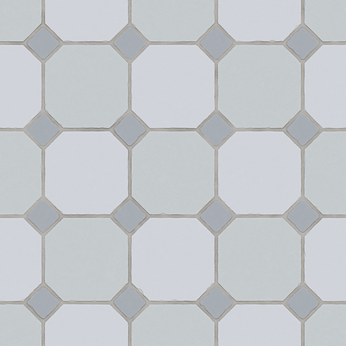 A geometric pattern of large, light gray square tiles arranged in a grid, with smaller diamond-shaped tiles in darker gray at each intersection. The overall design is clean and symmetrical.