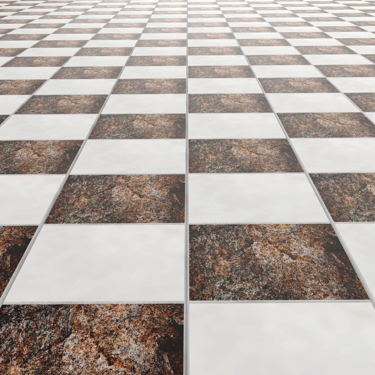 A checkerboard-patterned tile floor with alternating white and textured brown tiles, viewed from a low angle, creating a sense of depth and perspective.